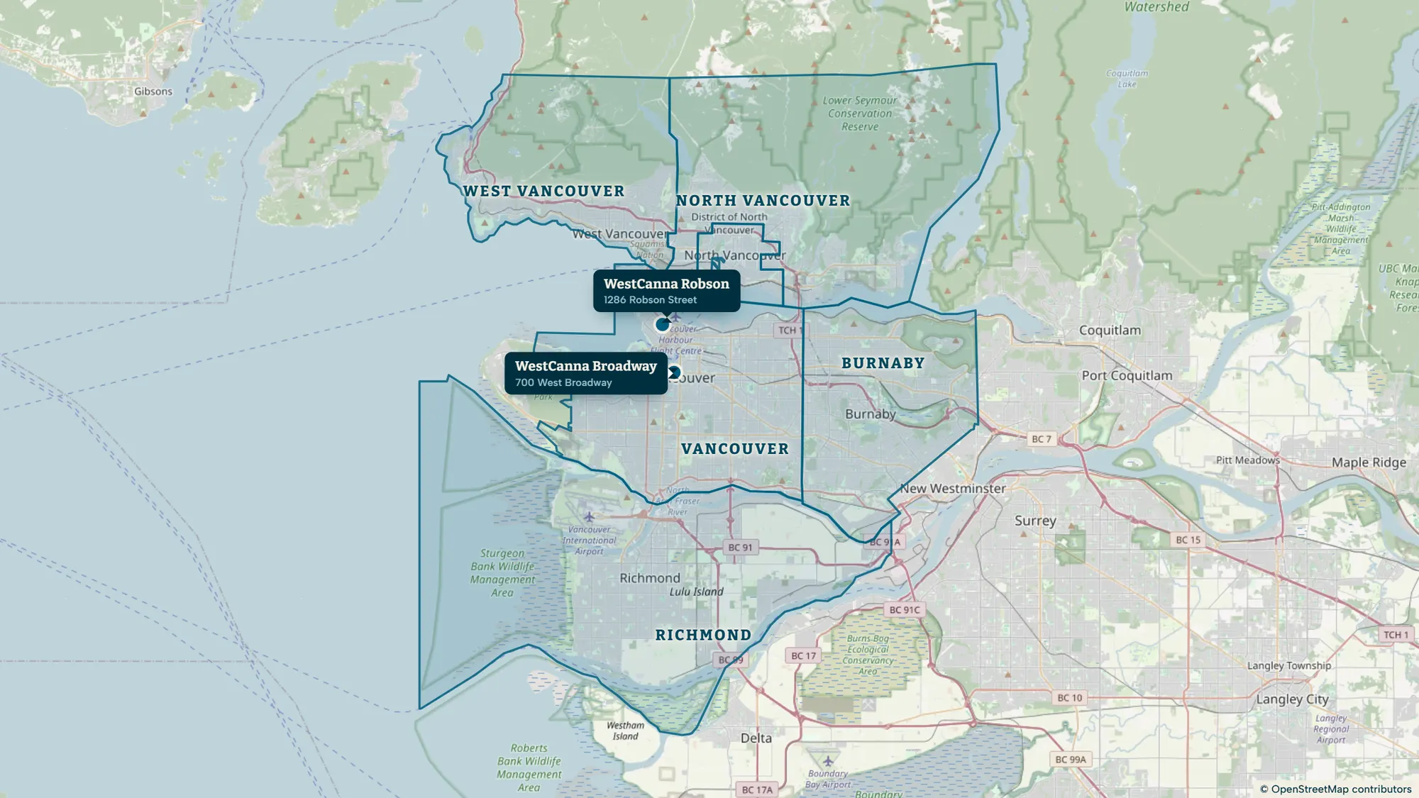 Map of the delivery area: Vancouver, West Vancouver, North Vancouver, Burnaby and Richmond outlined in teal, with WestCanna Broadway at 700 West Broadway and WestCanna Robson at 1286 Robson Street marked.