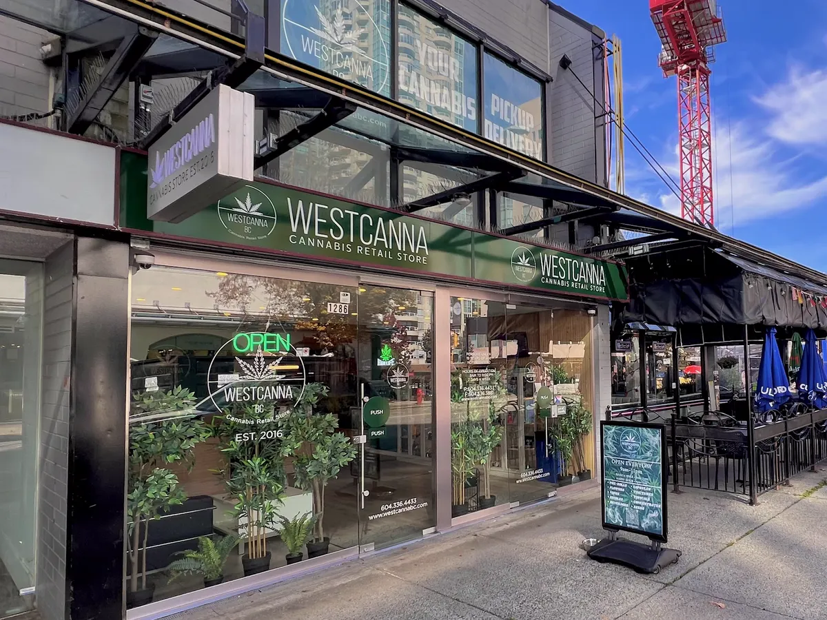 WestCanna BC on Robson Street: the green WESTCANNA sign, the OPEN sign and glass doors at number 1286.